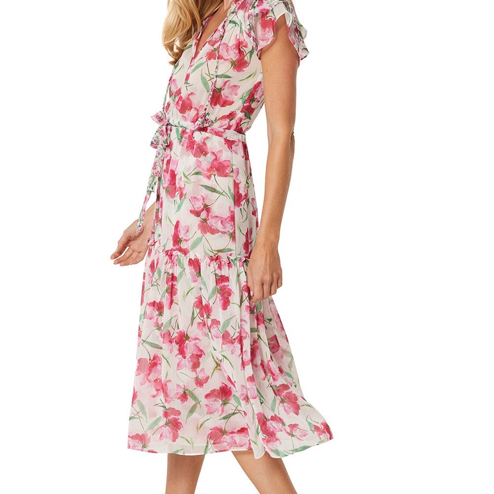 Misa Los Angeles NWT Karina Ruffle Trim Floral Chiffon MIDI Dress